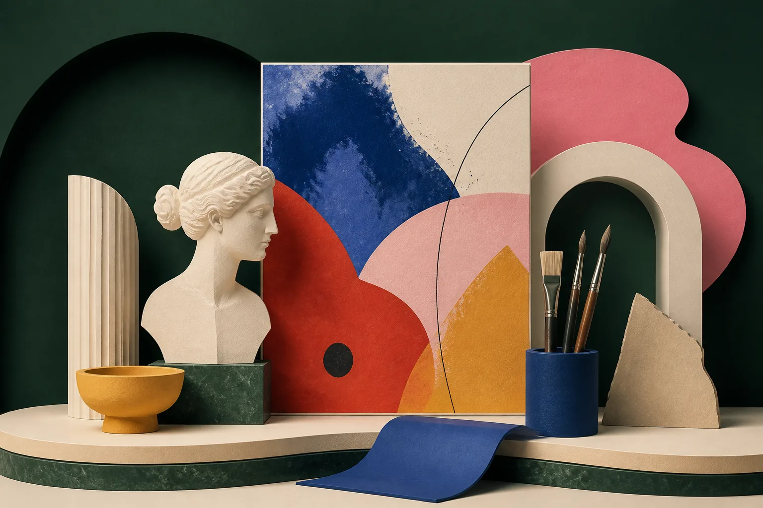 Escena de galería con un busto clásico, un lienzo abstracto, pinceles y formas arquitectónicas