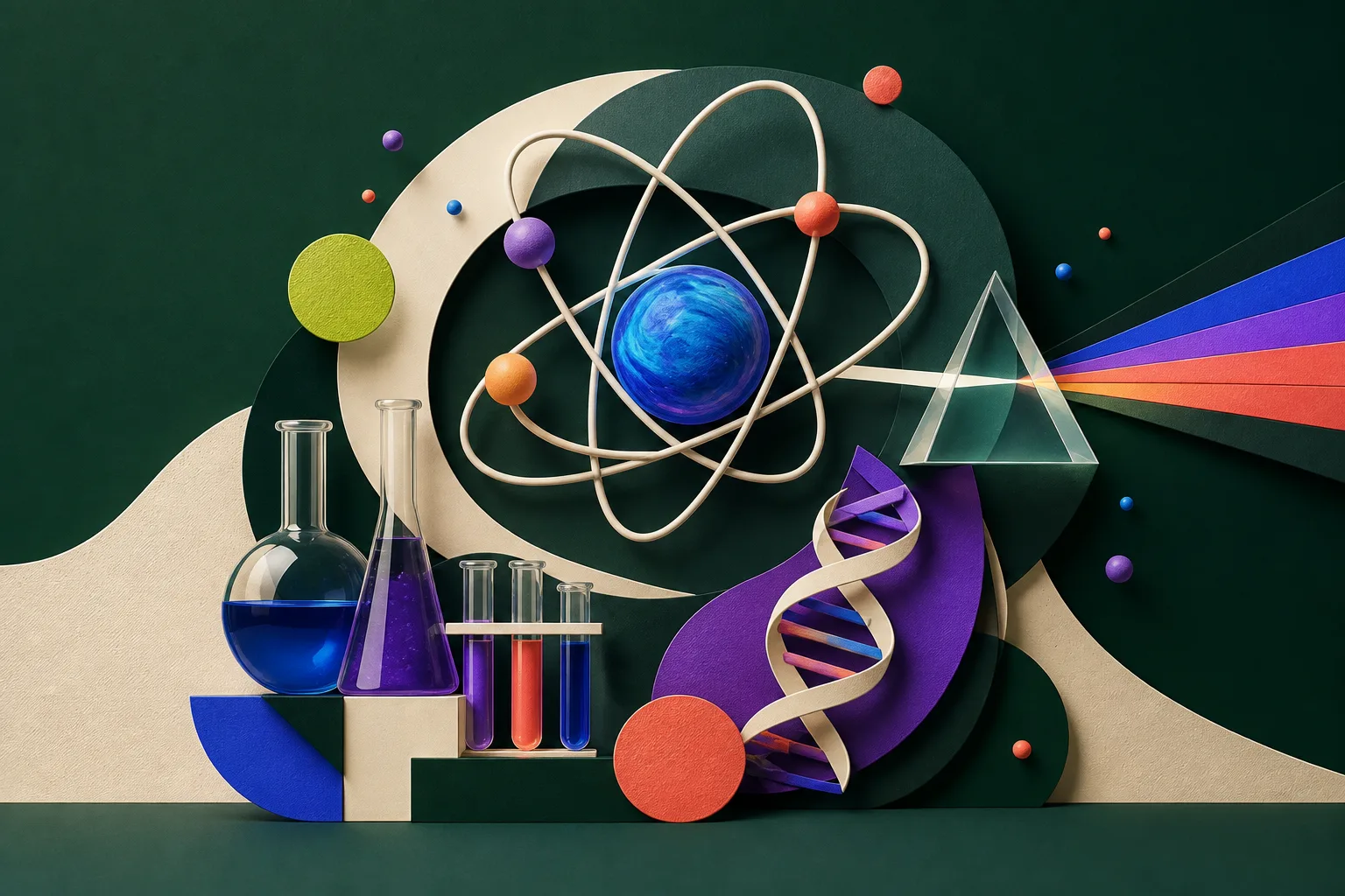 Composición científica con un átomo, material de laboratorio, una hélice de ADN y un prisma