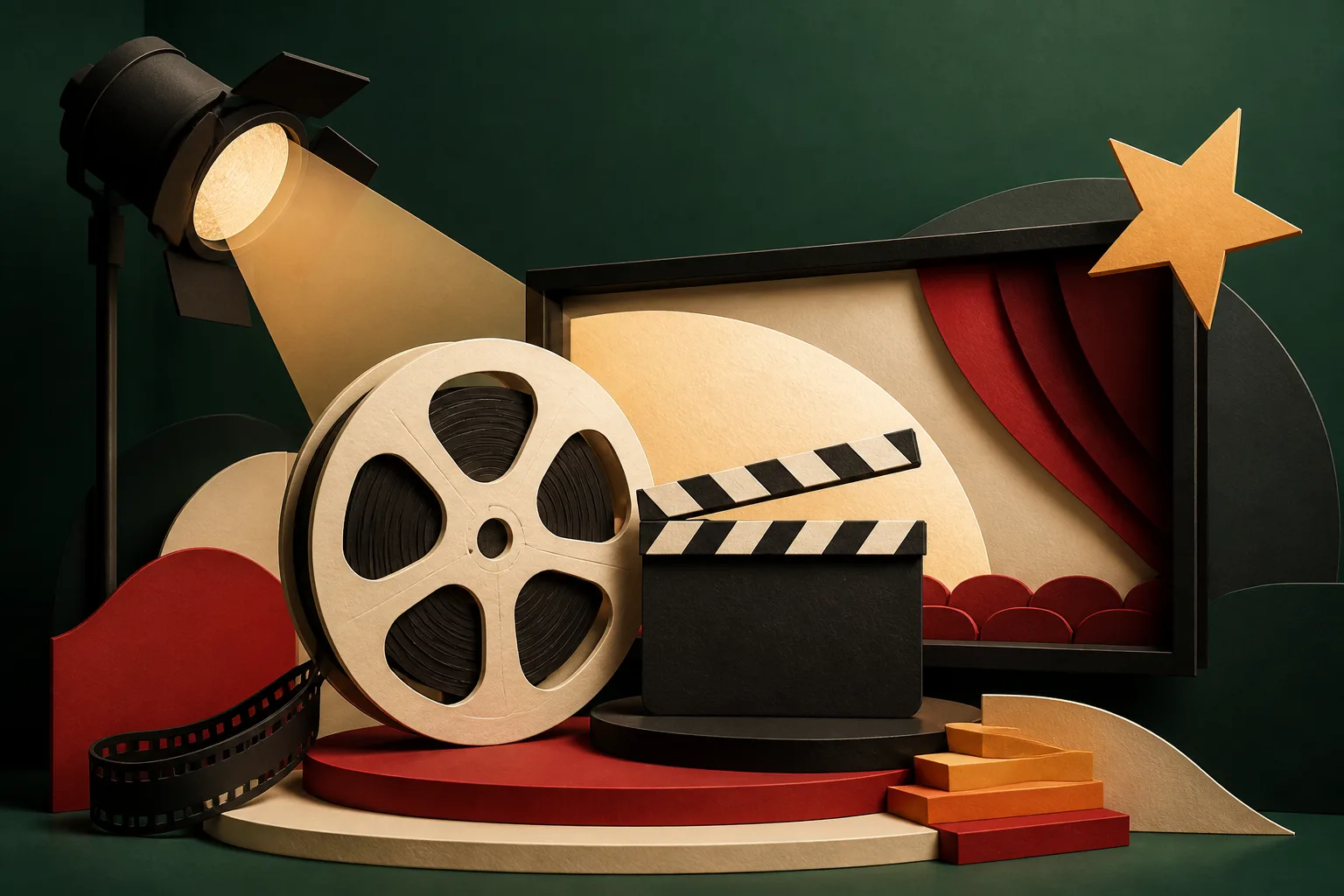 Escenario cinematográfico con un foco, una bobina, una claqueta sin texto y una pantalla