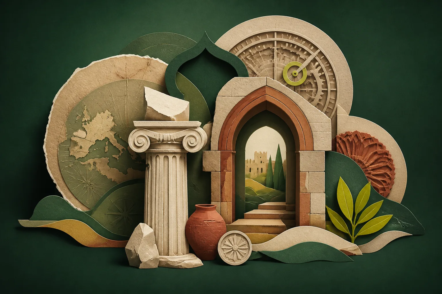 Composición editorial con una columna clásica, un arco medieval, mapas y formas que representan el paso del tiempo