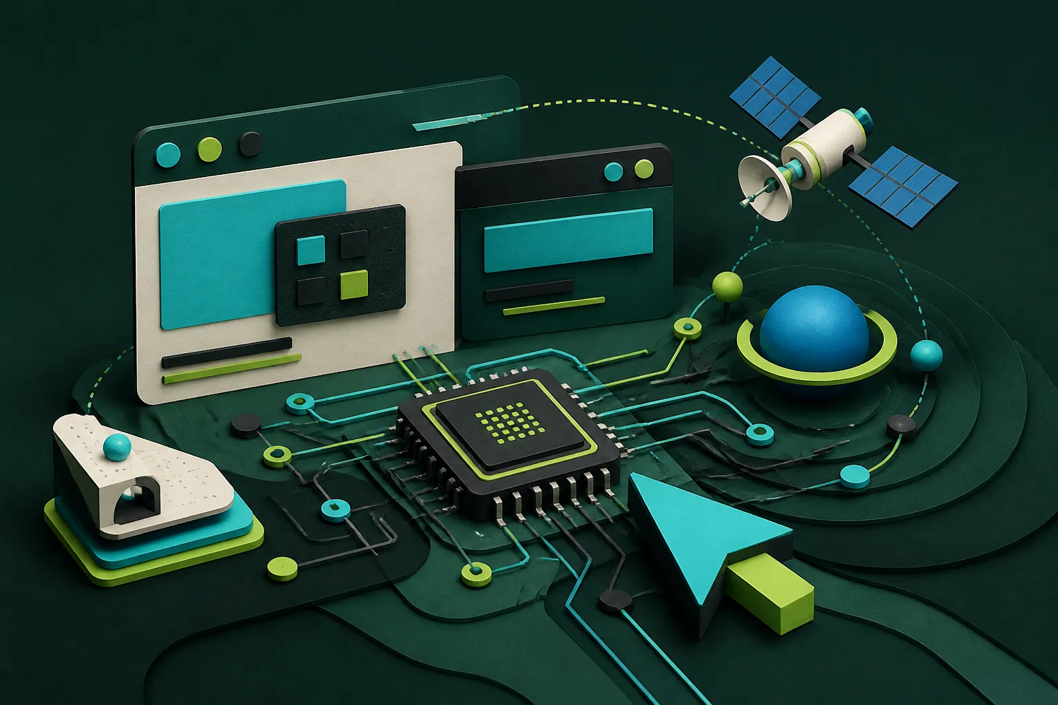 Paisaje tecnológico con circuitos, un microchip, nodos conectados, ventanas digitales y un satélite