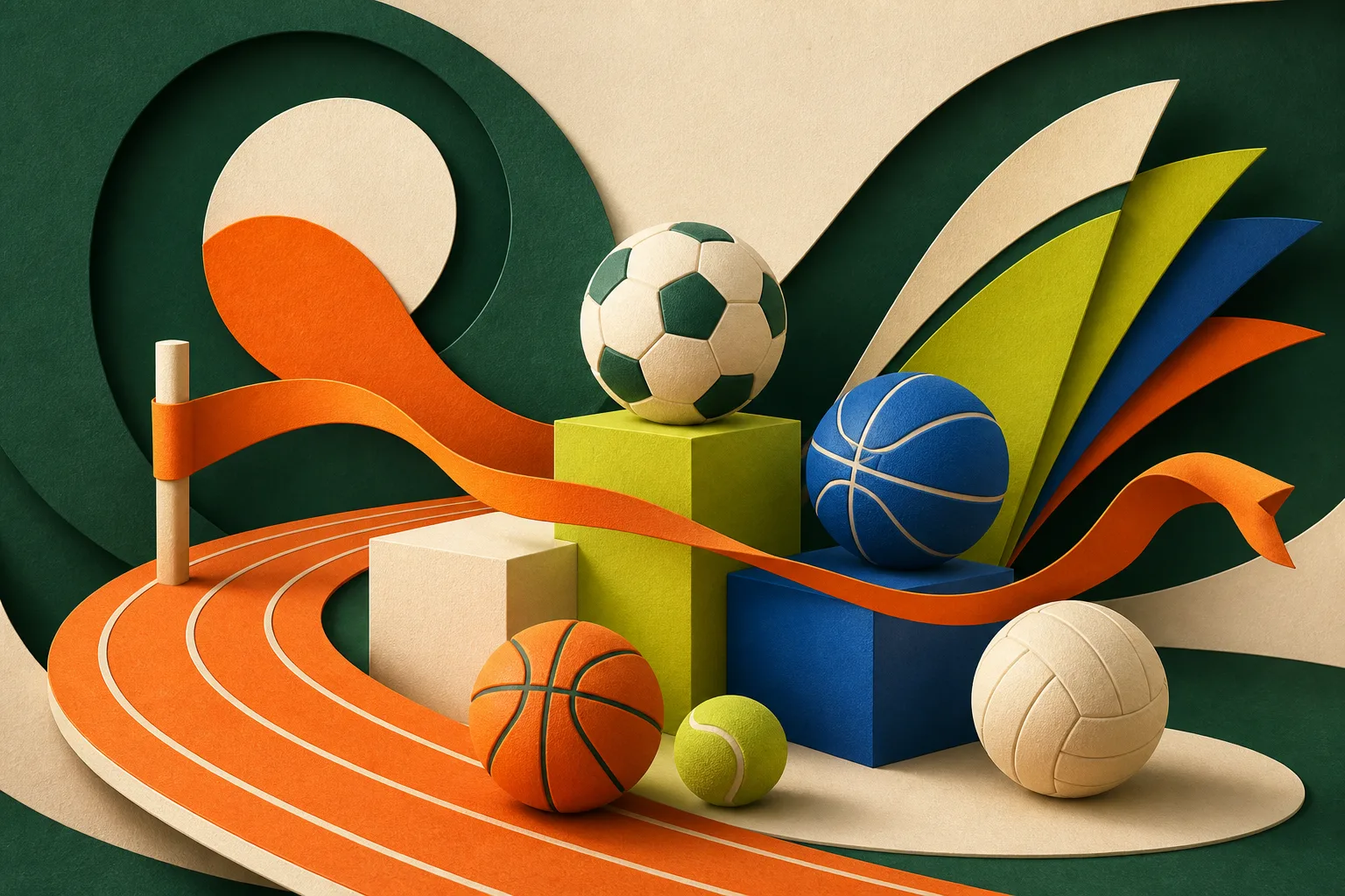 Composición deportiva con una pista, balones, podios y una cinta de llegada en movimiento