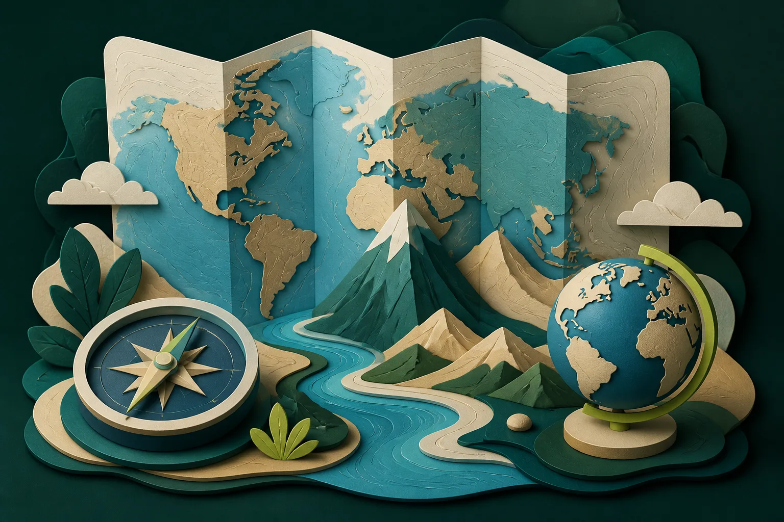 Mapa tridimensional con montañas, ríos, curvas de nivel y formas inspiradas en una brújula