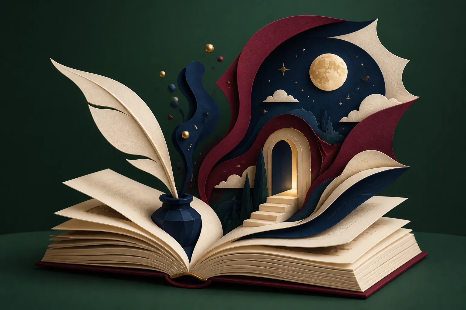 Libro abierto que se transforma en capas de papel, tinta y una puerta hacia un mundo imaginario