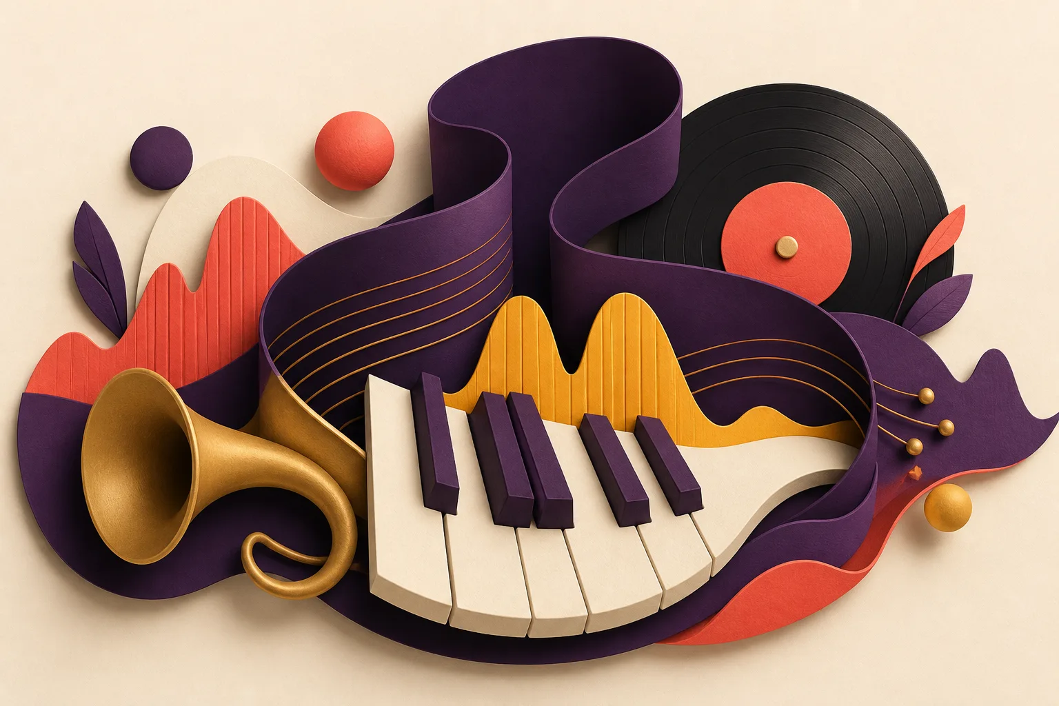 Composición musical tridimensional con teclas, un disco, ondas de sonido e instrumentos abstractos