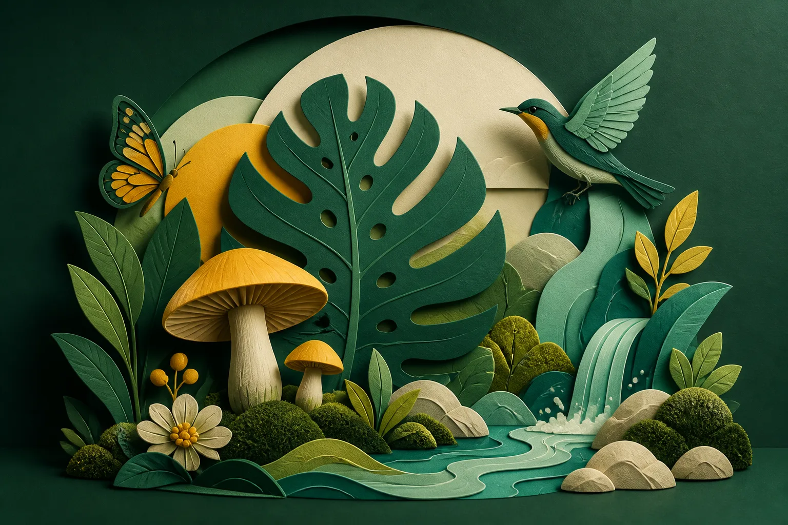 Diorama natural tridimensional con hojas, setas, agua, aves y formas inspiradas en un ecosistema